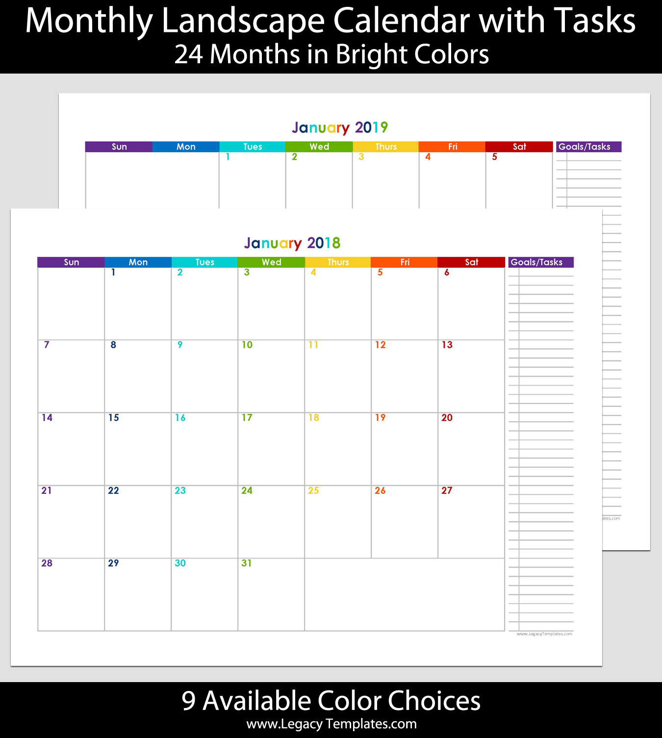 2018 &amp; 2019 24-Month Landscape Calendar With Tasks - 8.5 X