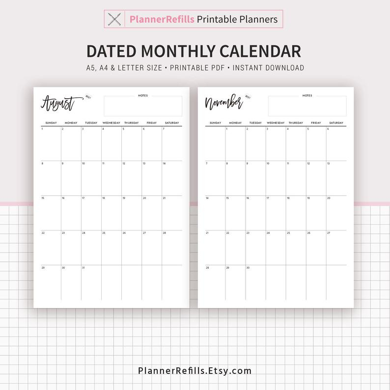 2020-2021 Dated Monthly Calendar Monthly Planner Printable | Etsy