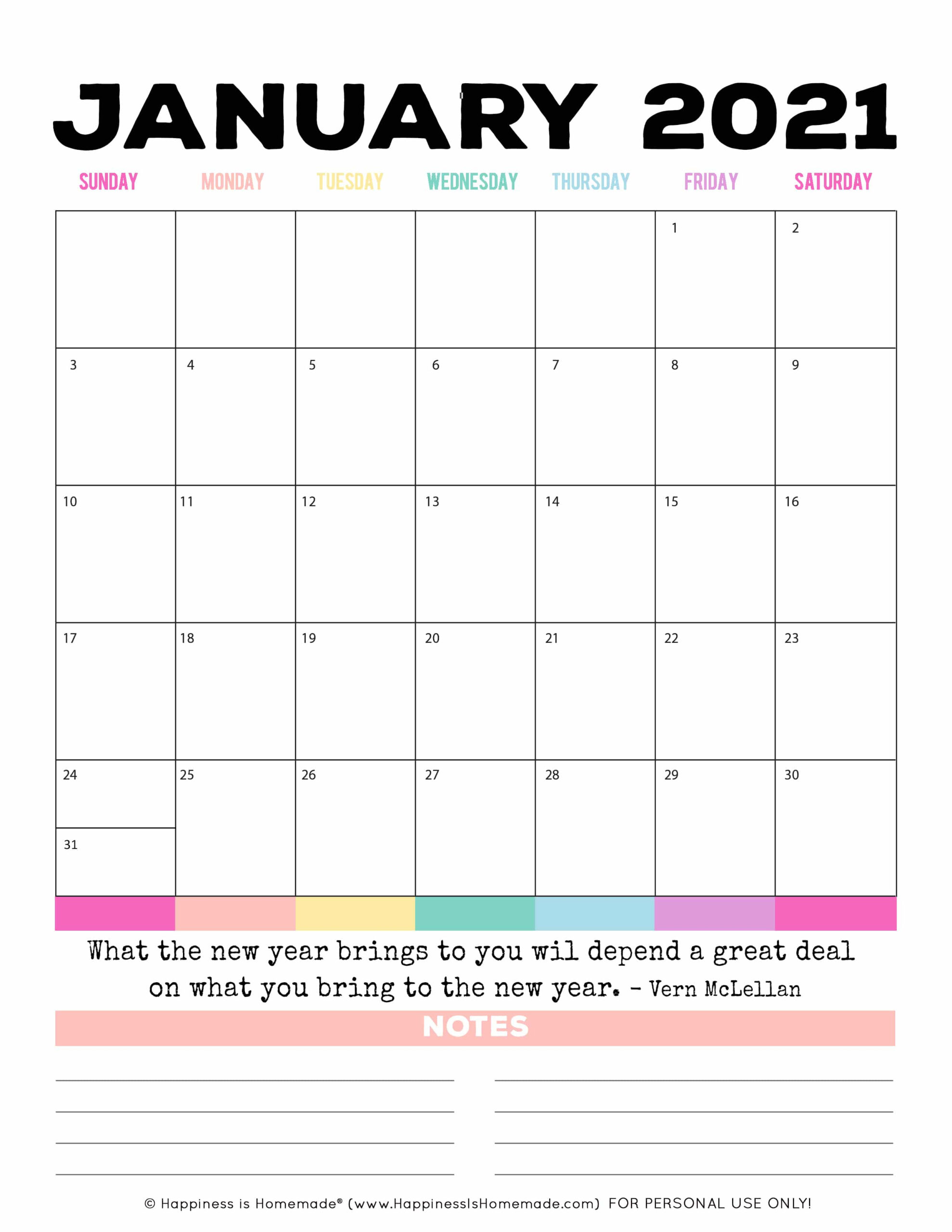 2020 - 2021 Free Printable Monthly Calendar - Happiness Is