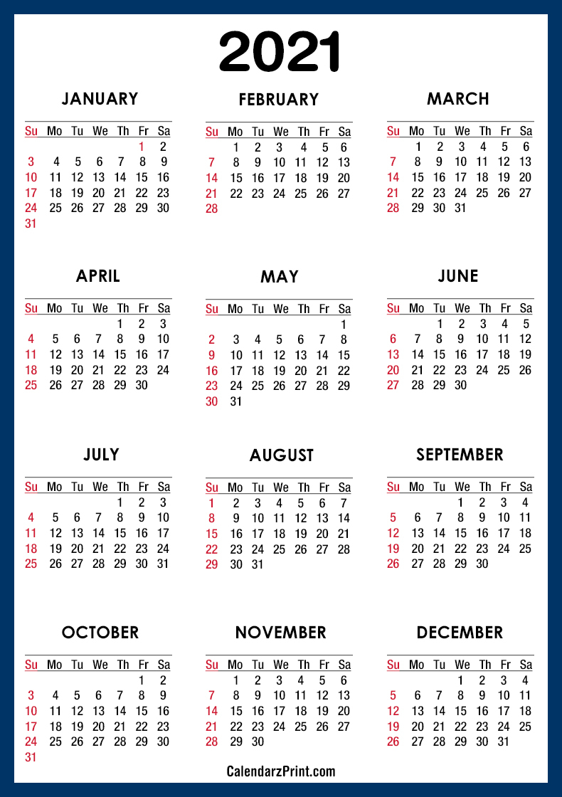 2021 Calendar Pdf - Printable, Blue, Ss - Calendarzprint