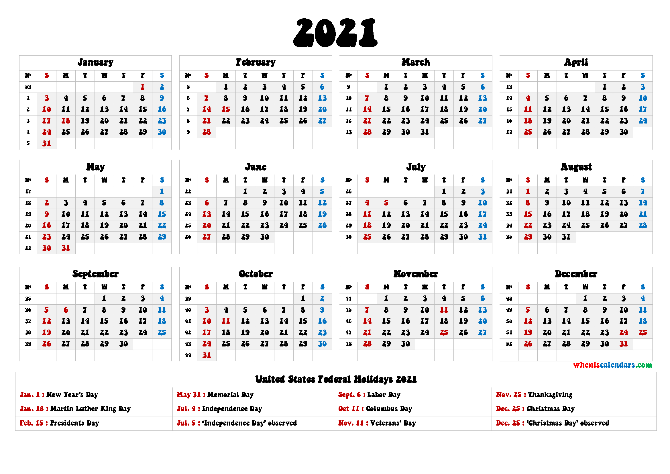 2021 Calendar With Holidays Printable - 6 Templates | Free