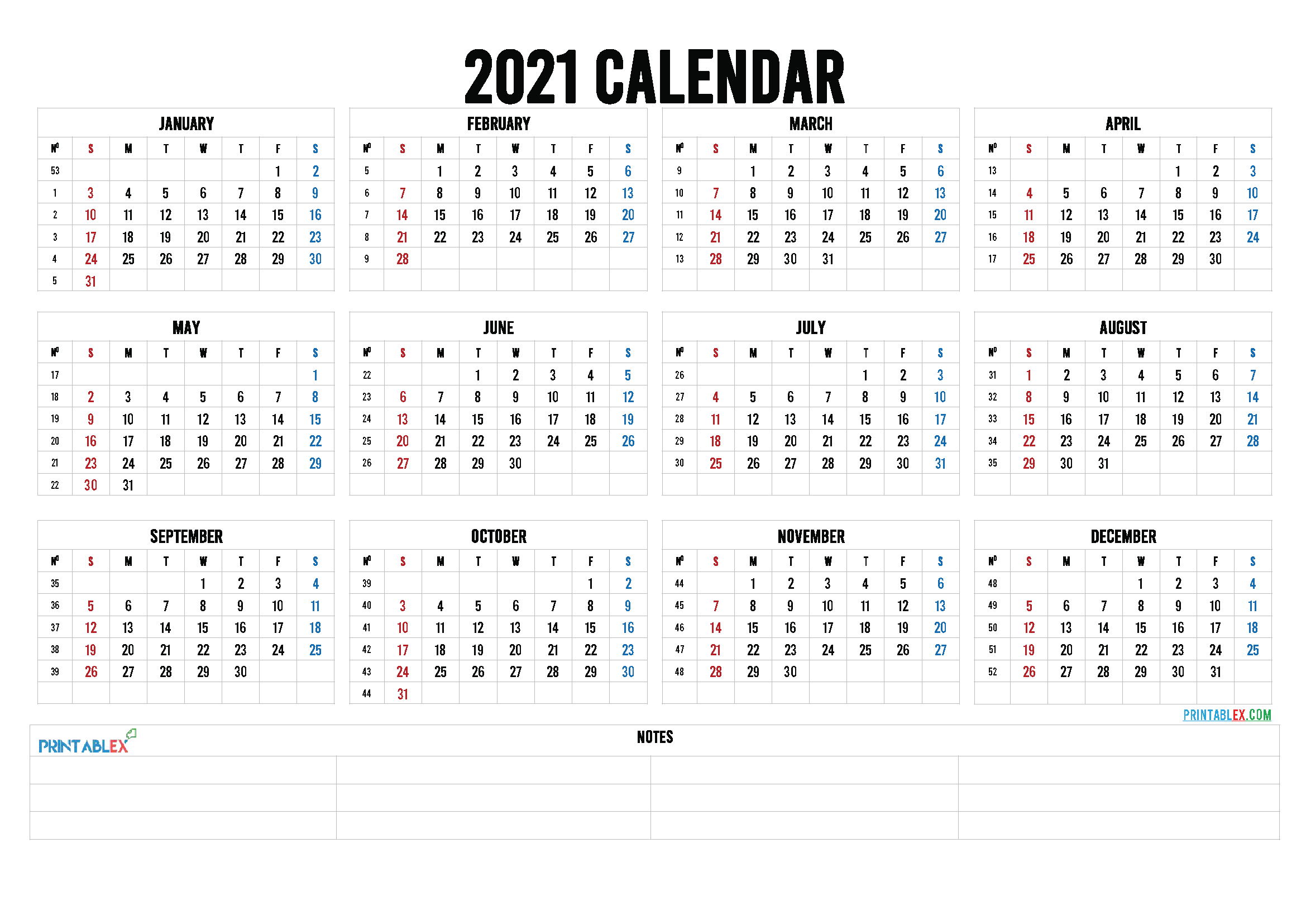 2021 Calendar With Week Number Printable Free : Free