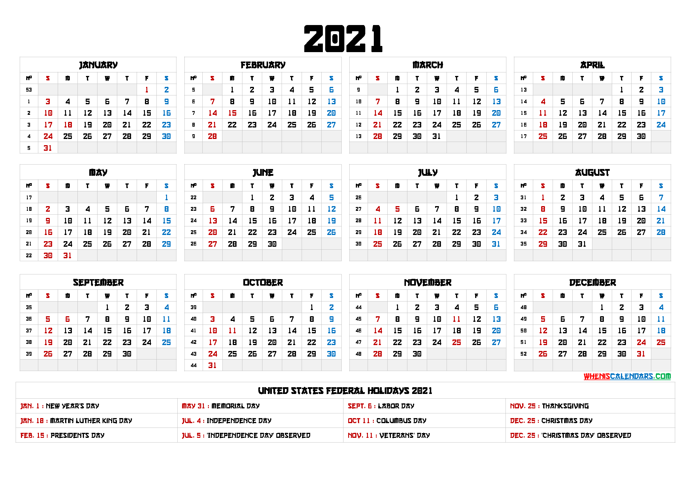 2021 Calendar With Week Numbers Printable - 6 Templates