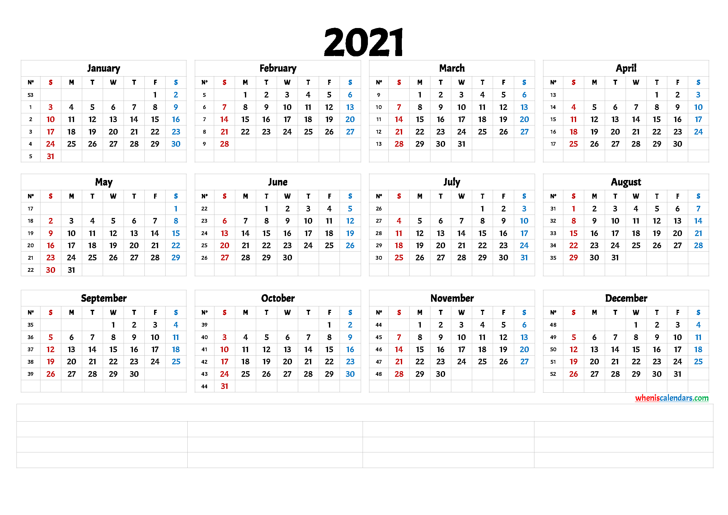 2021 Printable Yearly Calendar With Week Numbers