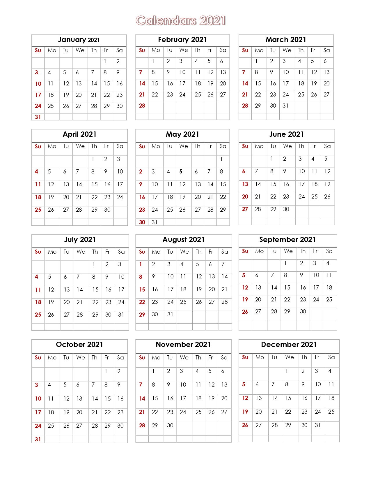 56+ Printable Calendar 2021 One Page, Printable 2021