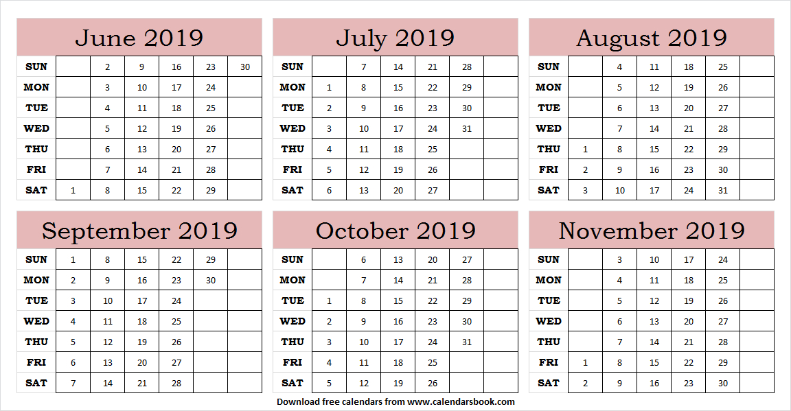 6 Month June November 2019 Calendar Template | 2019