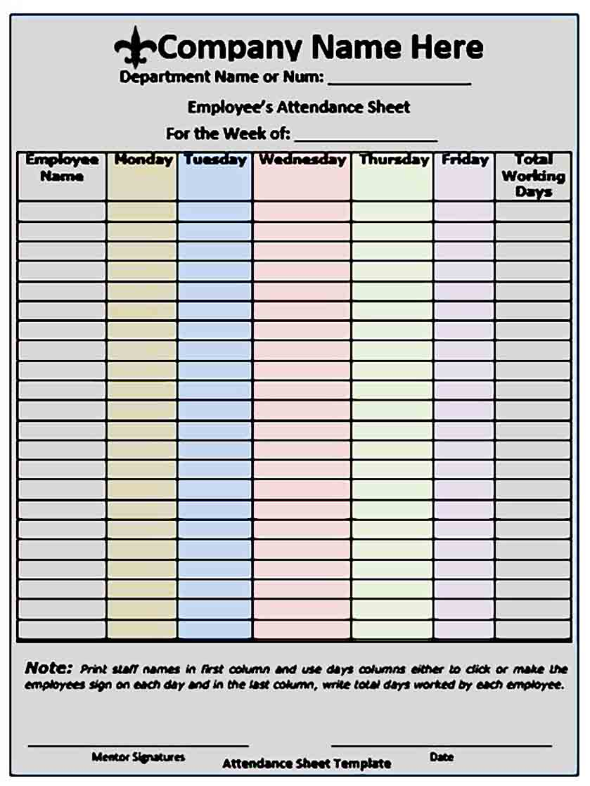 Printable Employee Attendance Sheet Template Example Calendar Printable