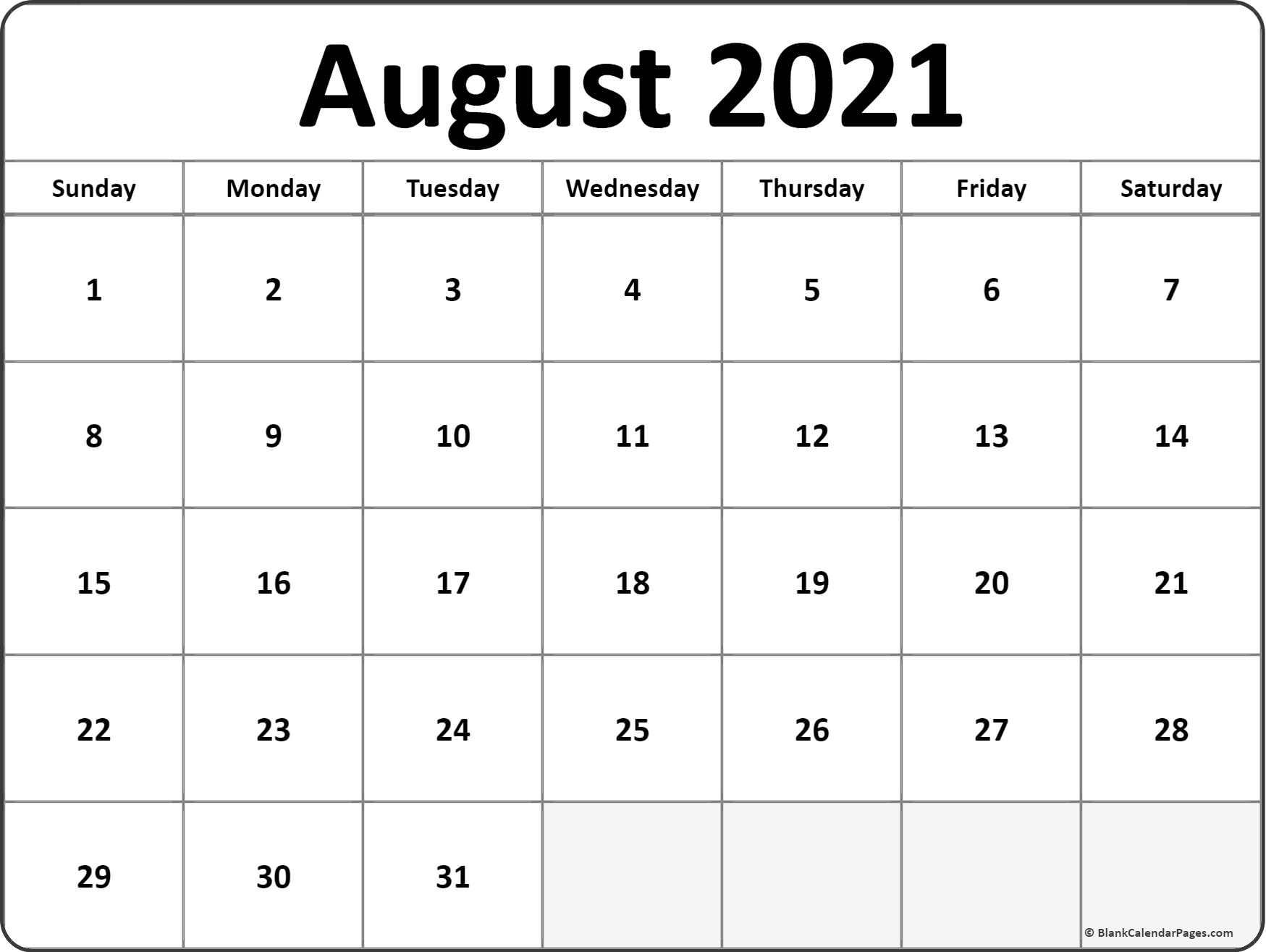 August 2021 Blank Calendar Templates.