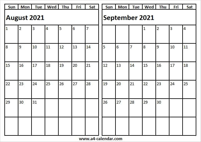 August September 2021 Calendar To Print - A4 Calendar