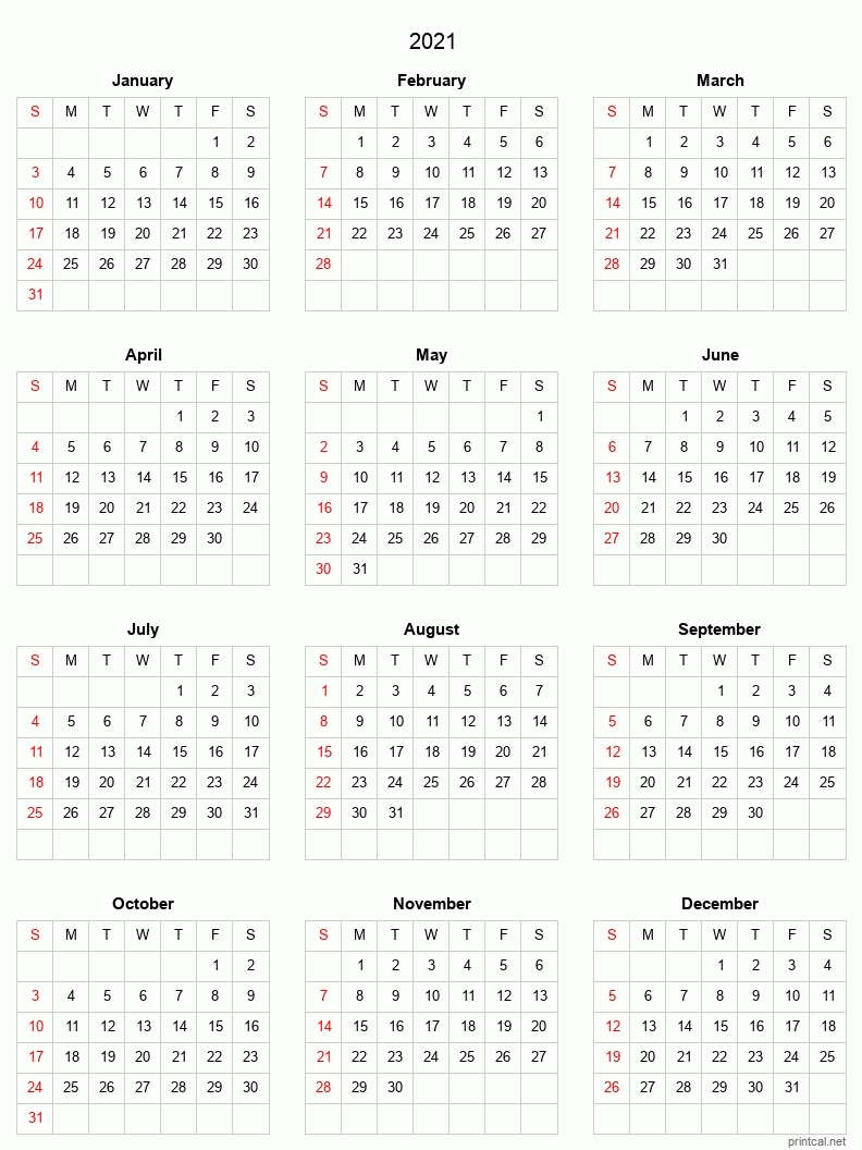 Blank Yearly Calendar 2021 | Calendar Template Printable