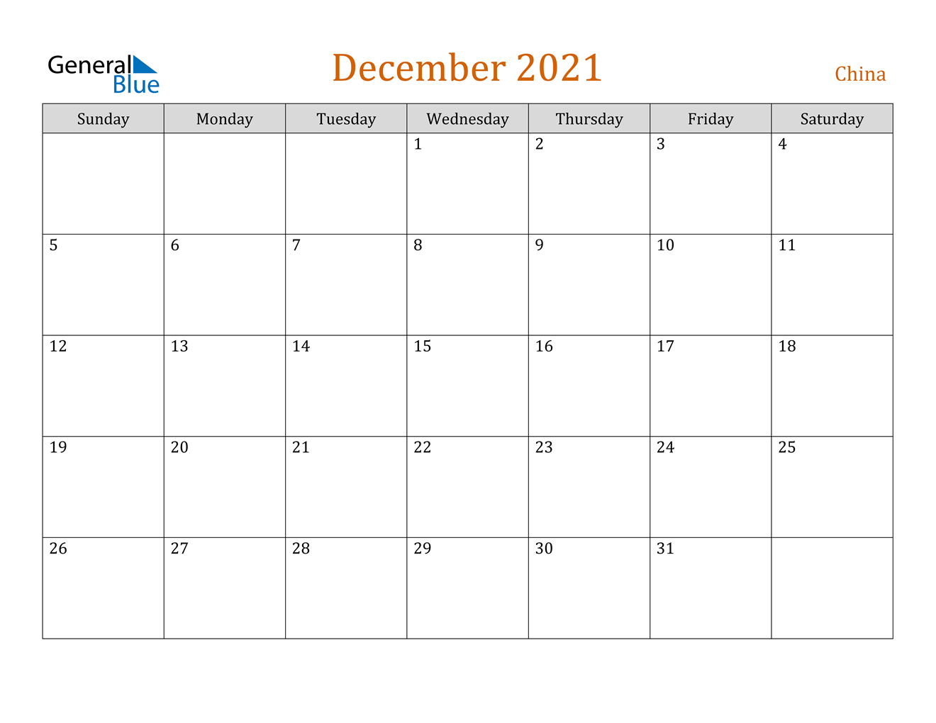 China December 2021 Calendar With Holidays