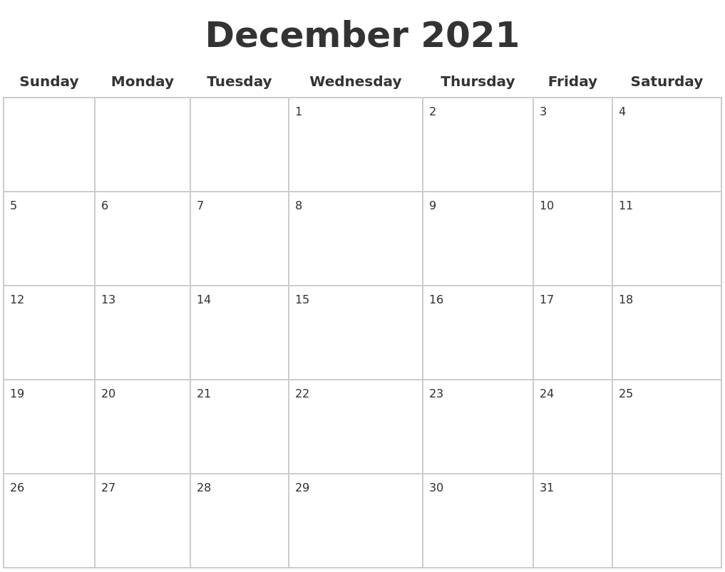 December 2021 Blank Calendar Pages