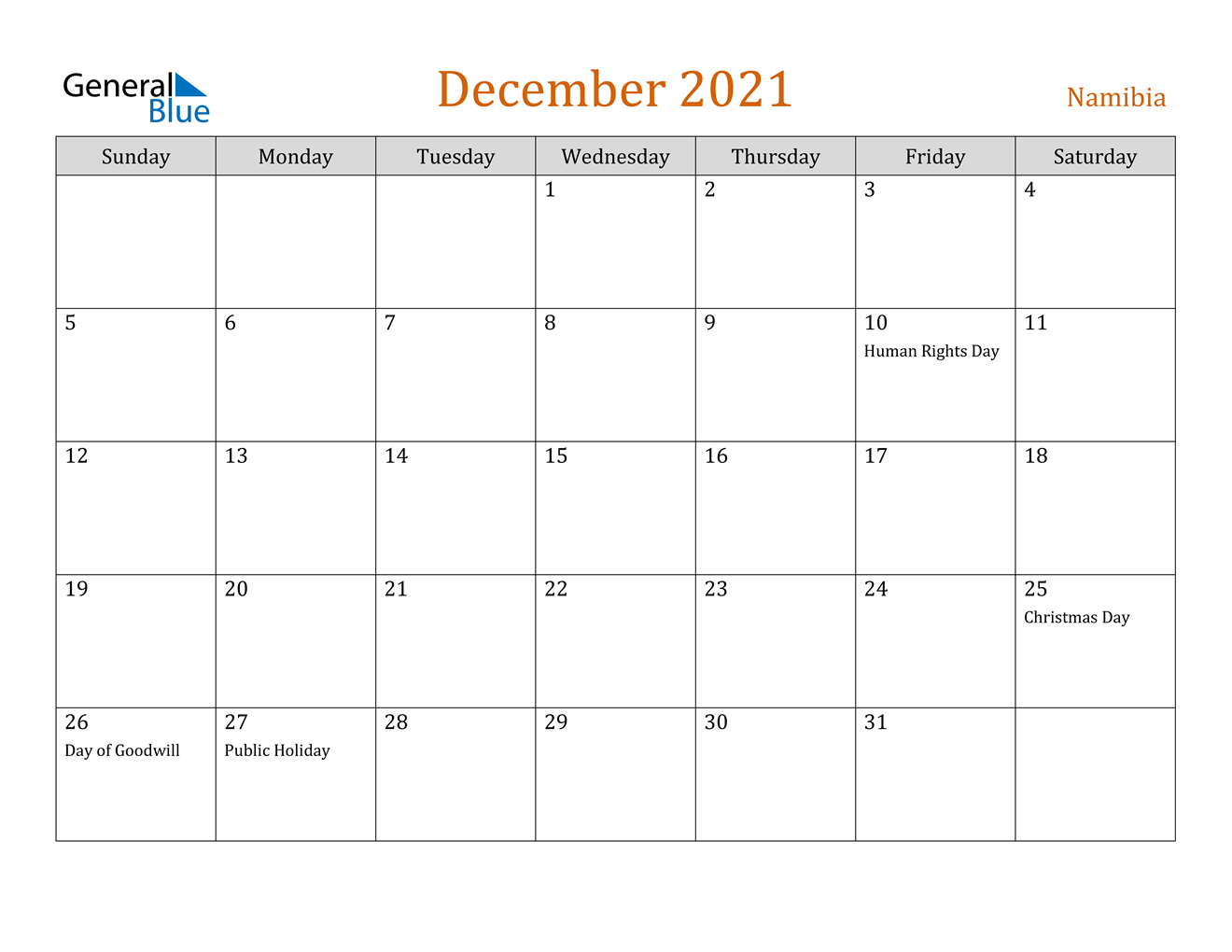 December 2021 Calendar - Namibia