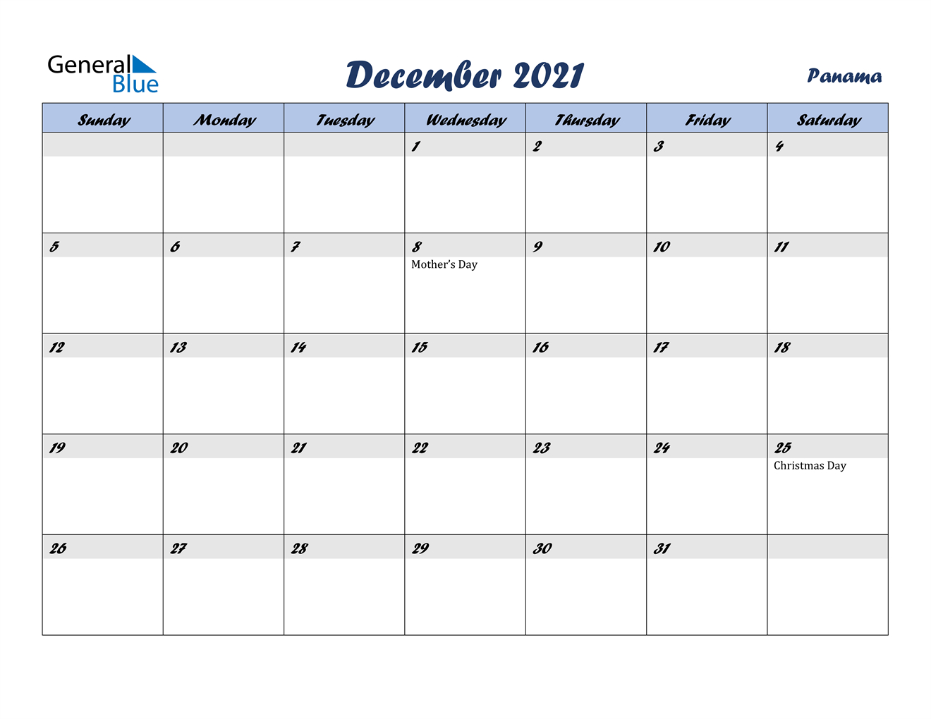 December 2021 Calendar - Panama