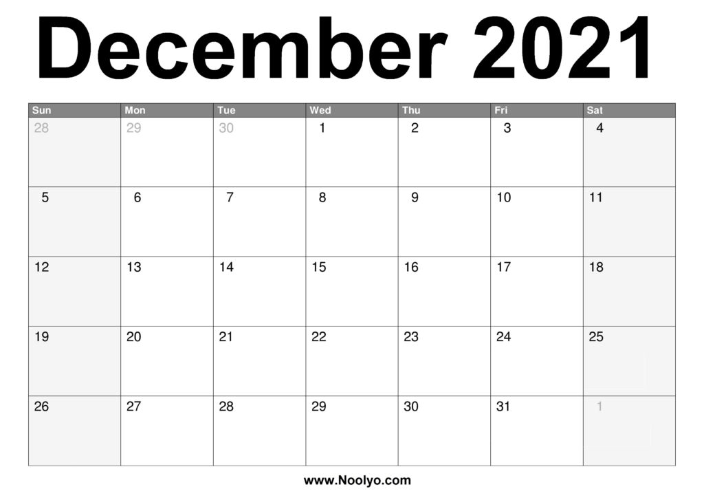 December 2021 Calendar Printable - Free Download - Noolyo