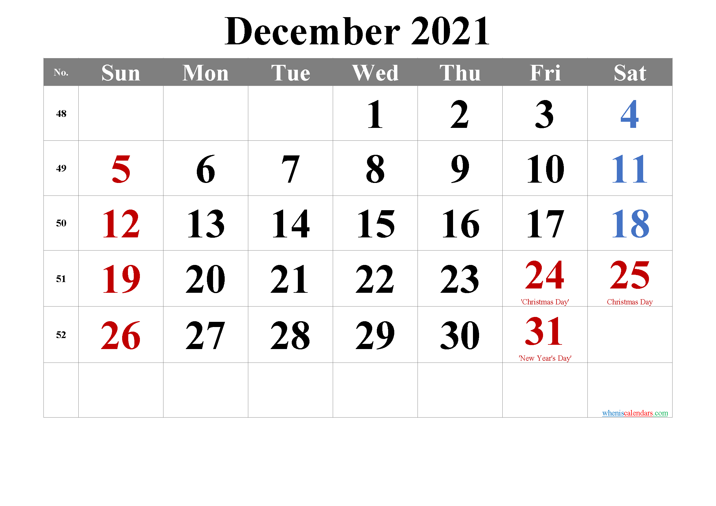 December 2021 Calendar With Holidays Printable Free Letter Templates