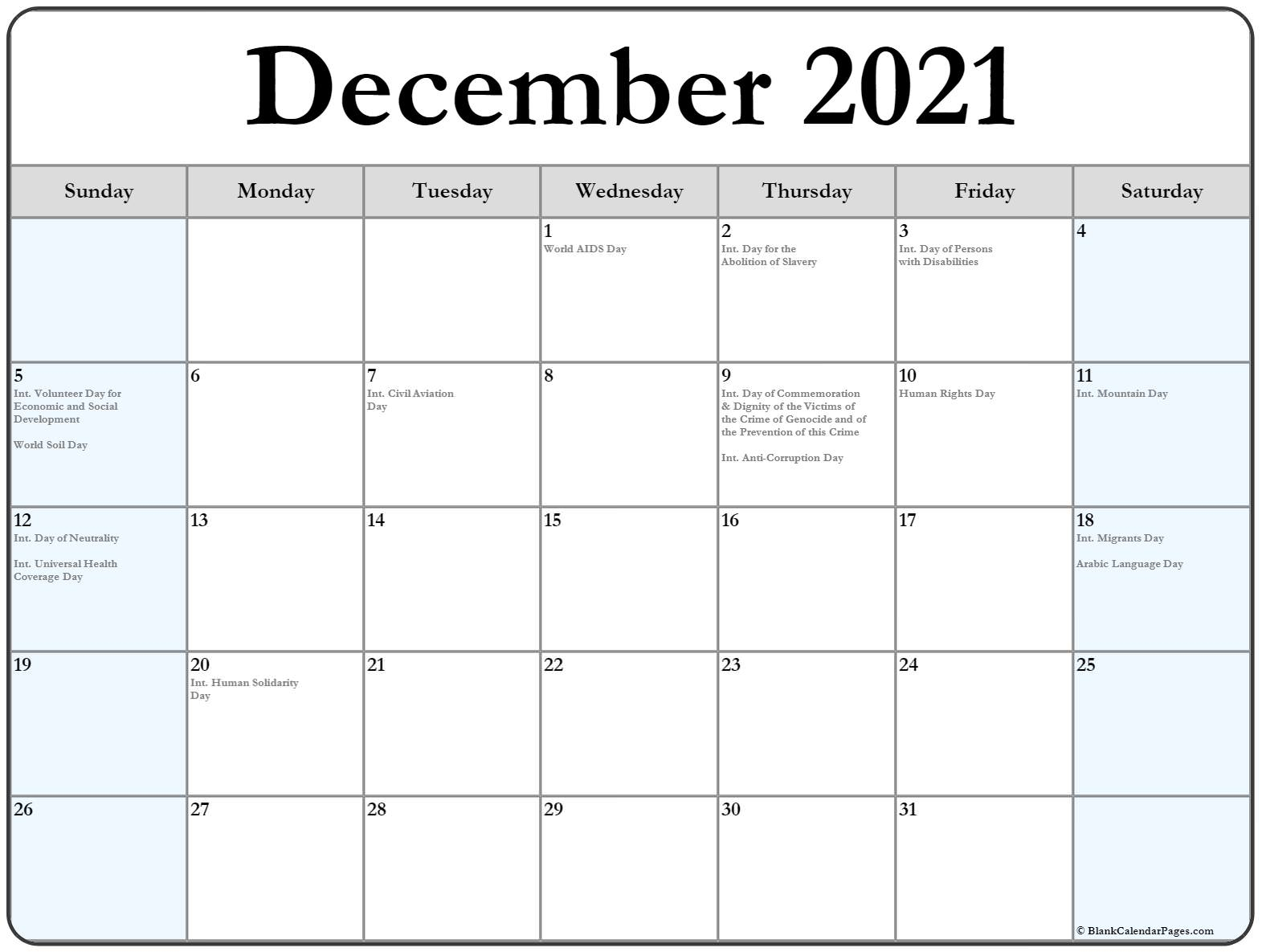 December 2021 With Holidays Calendar