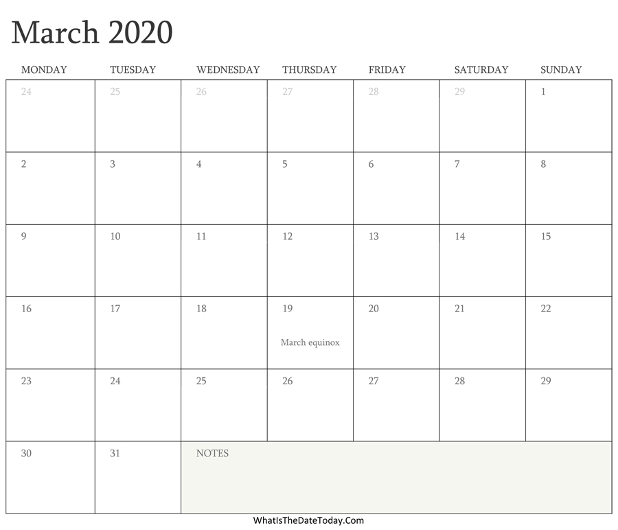 Editable Calendar March 2020 With Holidays