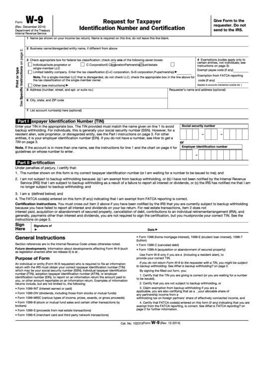 Fillable Form W-9 - Request For Taxpayer Identification