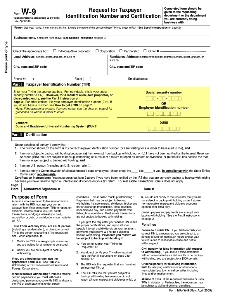 Fillable Online Mass Form W-9 - Massachusetts Gaming