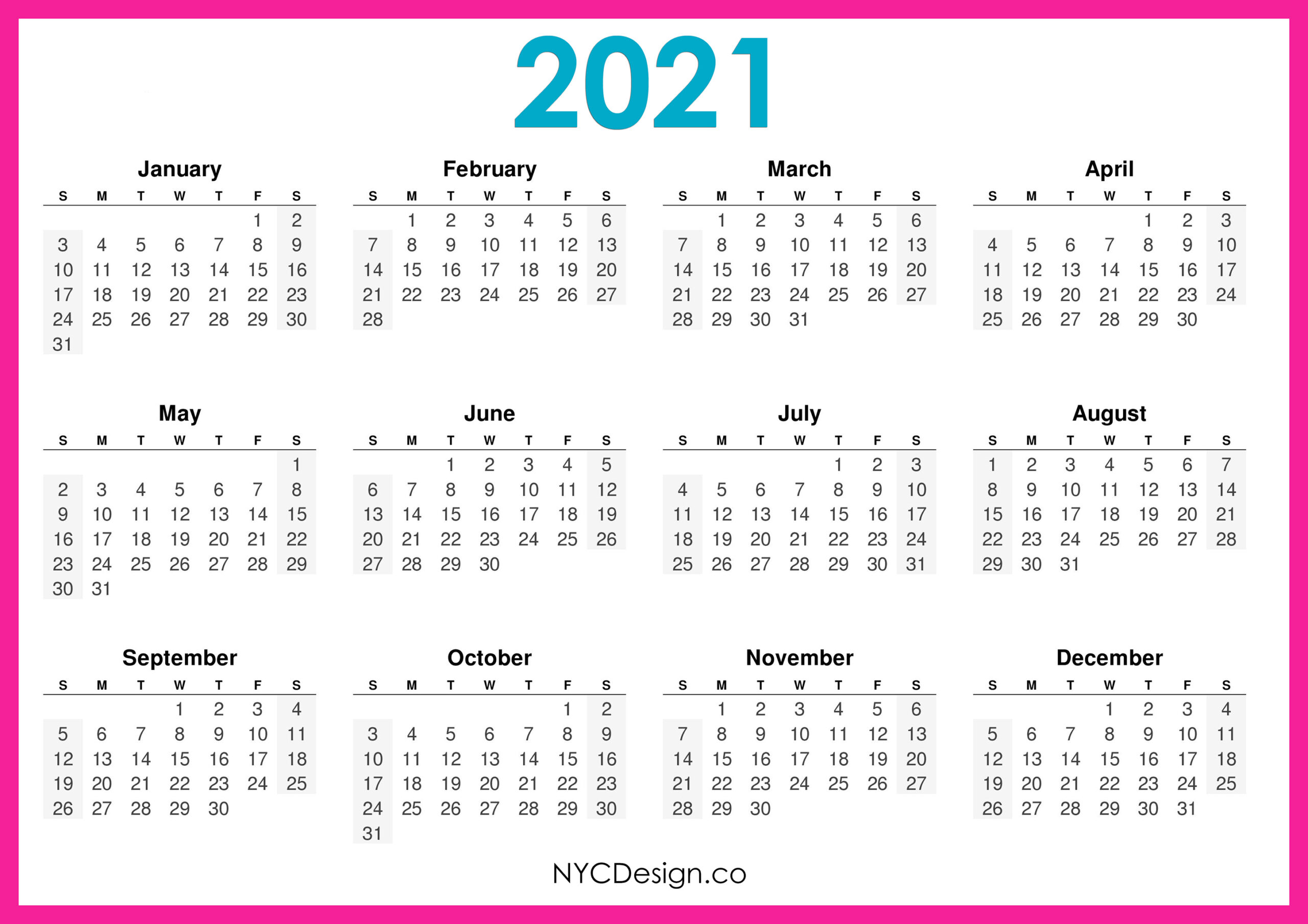 Free 2021 Yearly Calender Template / 12 Month Colorful