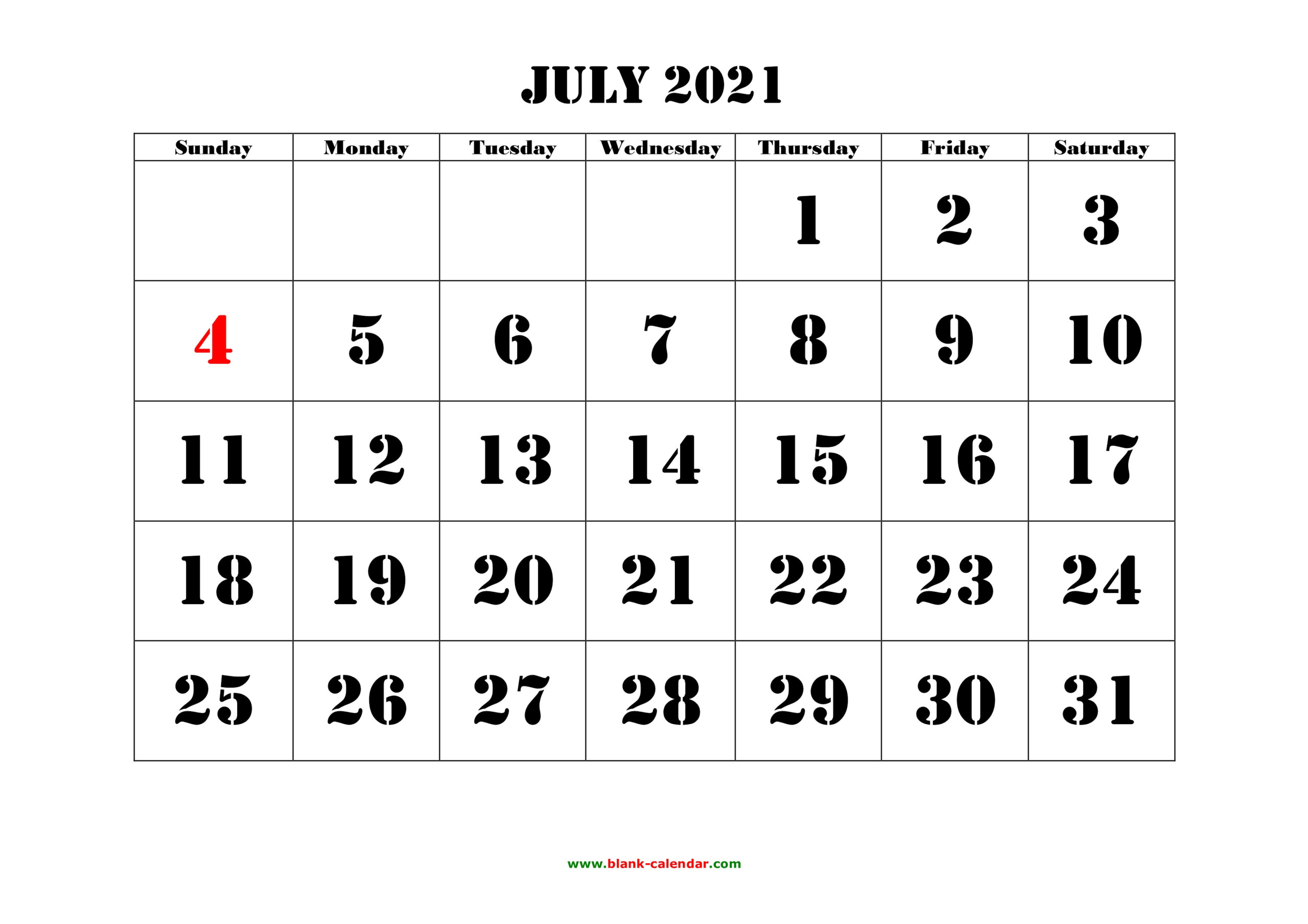 Free Download Printable July 2021 Calendar, Large Font Design , Holidays On Red