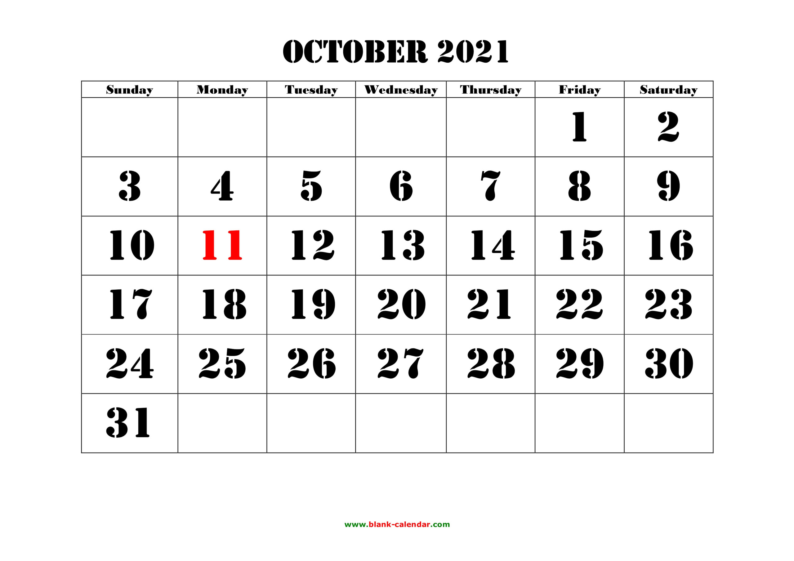 Free Download Printable October 2021 Calendar, Large Font Design , Holidays On Red