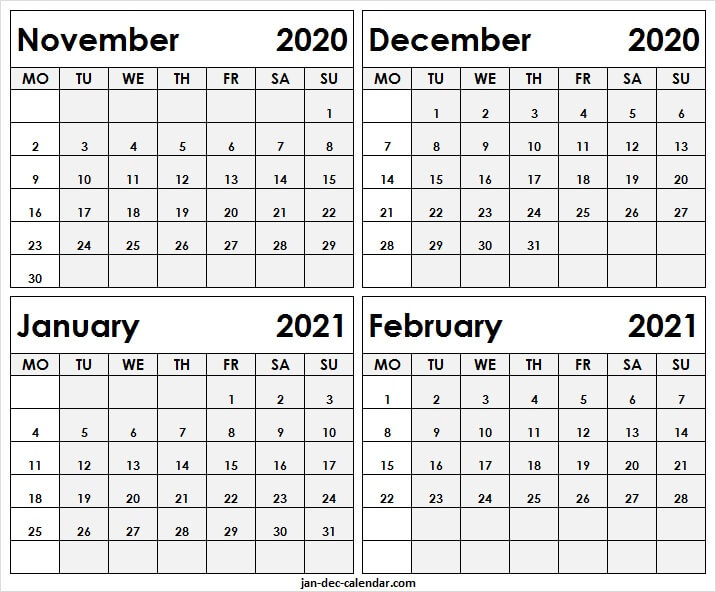 Free November 2020 To February 2021 Calendar - Printable