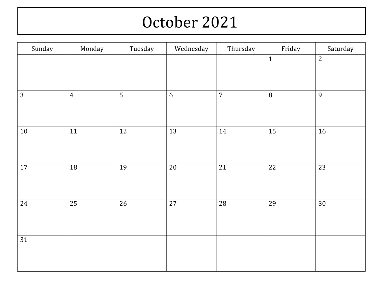 Free October 2021 Calendar Printable - Blank Templates