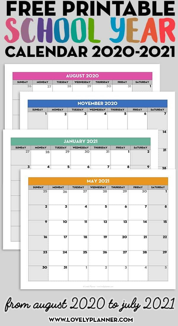 Free Printable 2020-2021 Monthly School Calendar Template
