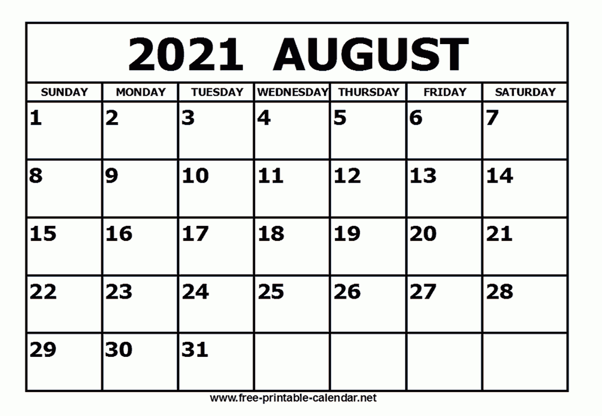 Free Printable August 2021 Calendar