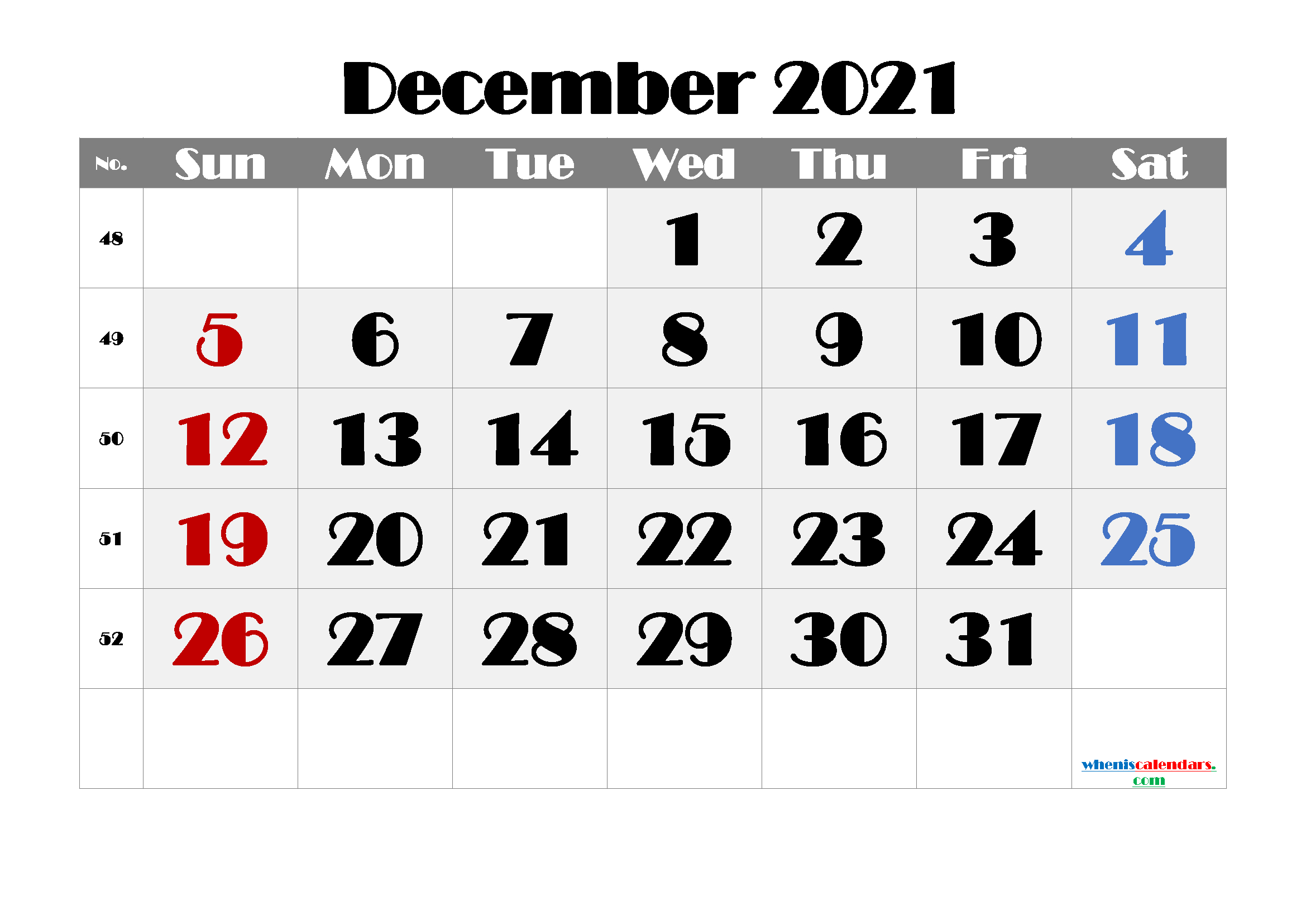 December 2021 Calendar Printable Free Pdf