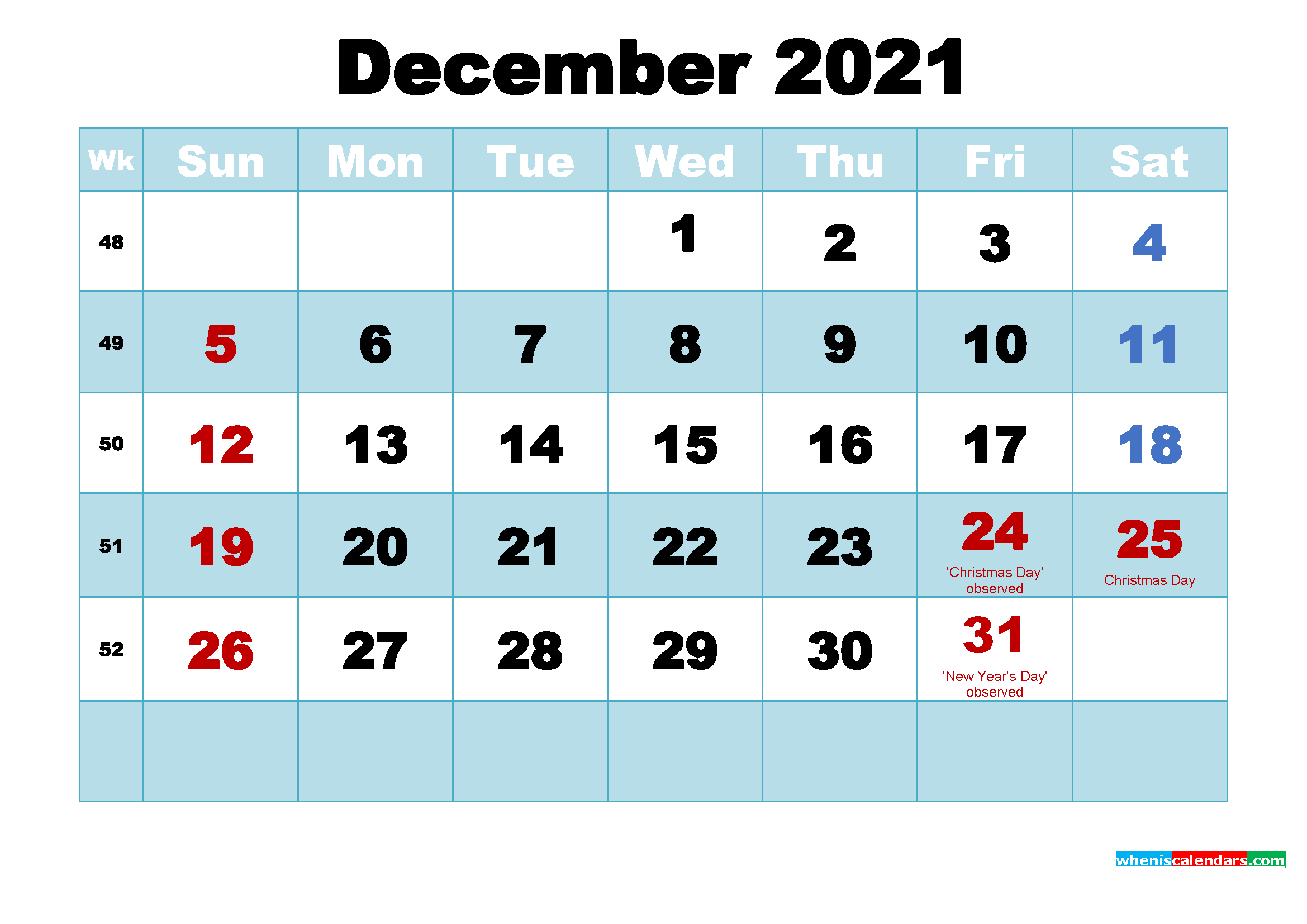 Free Printable Calendar For December 2021