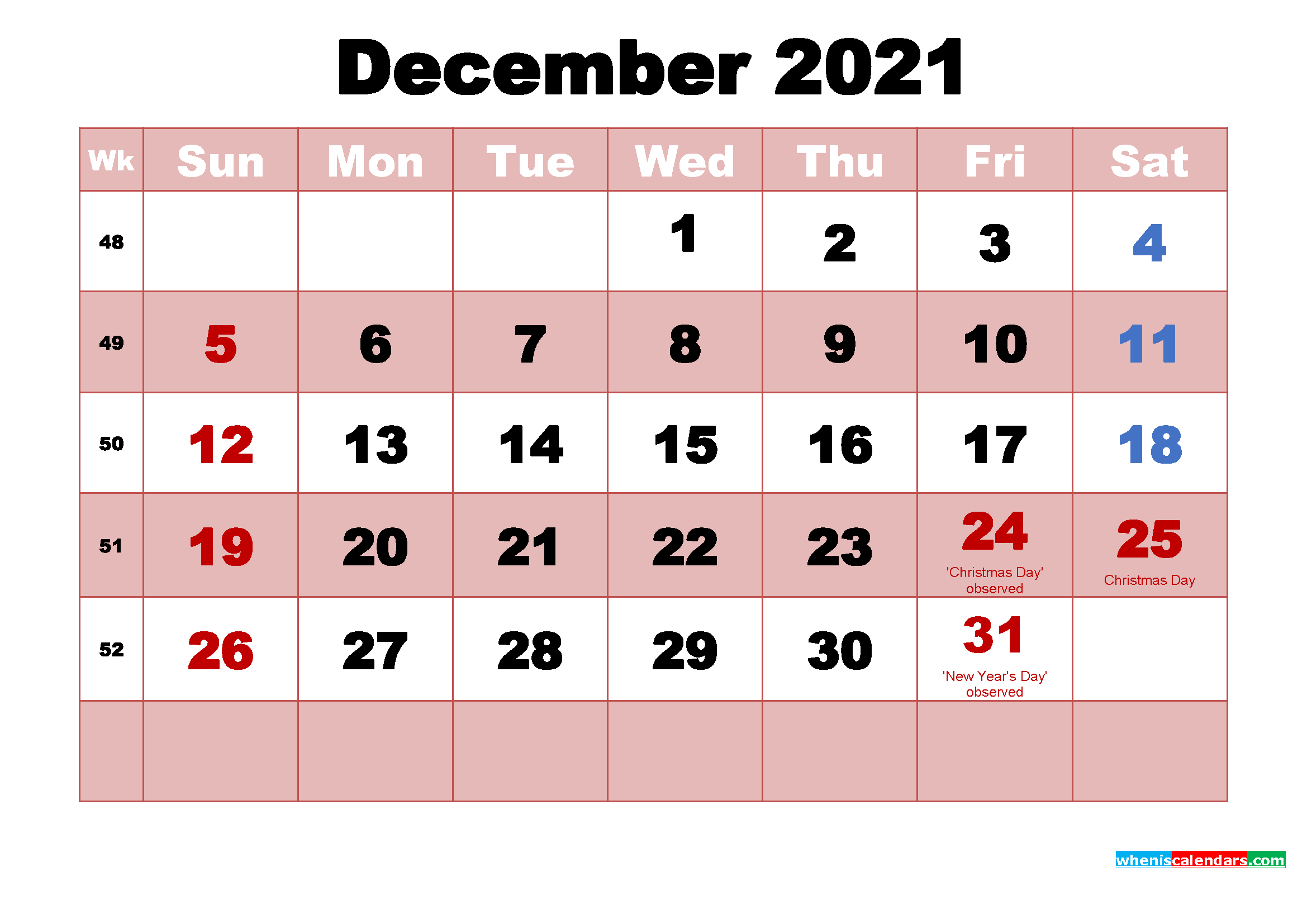 Free Printable Calendar For December 2021