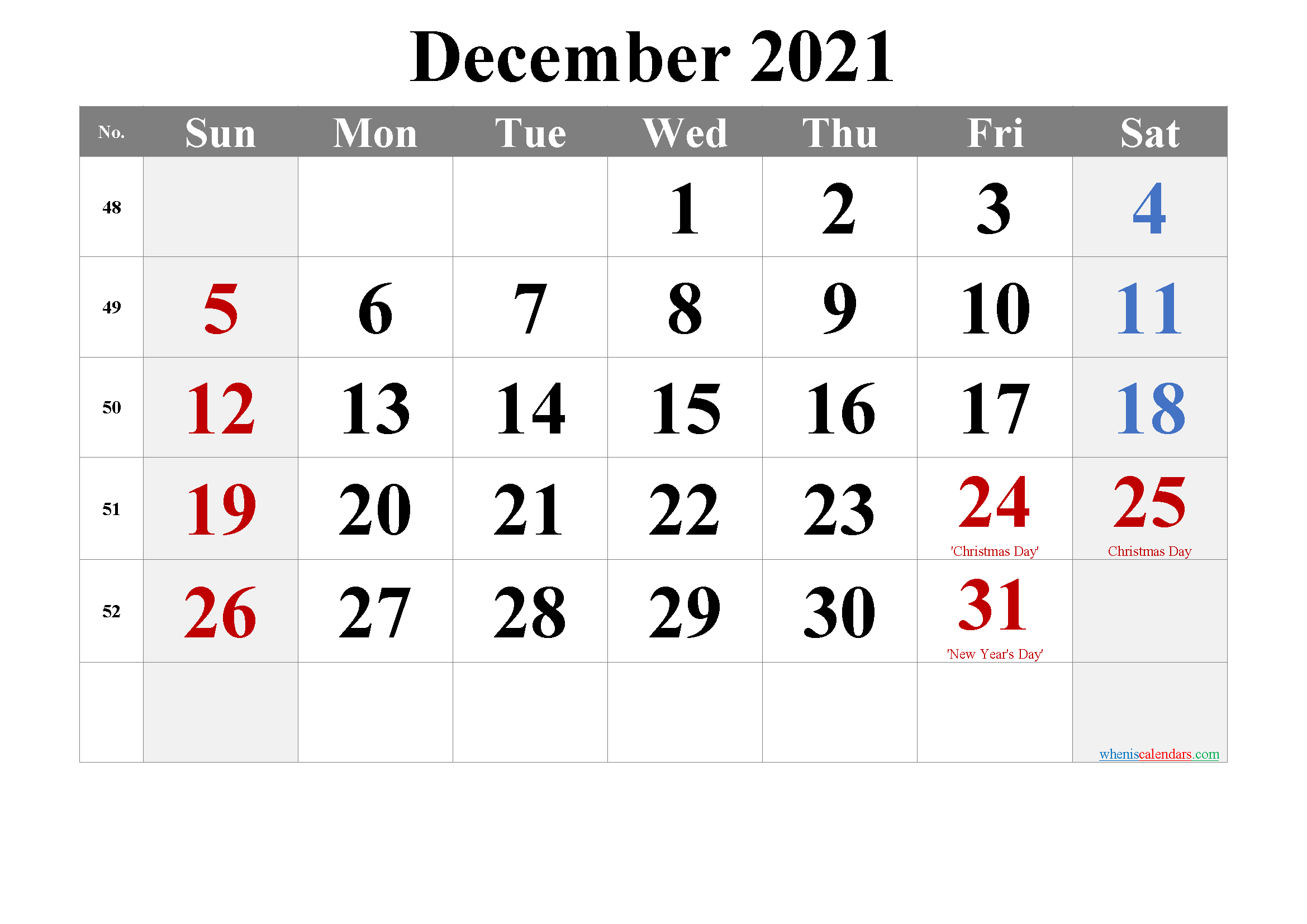 Free Printable December 2021 Calendar