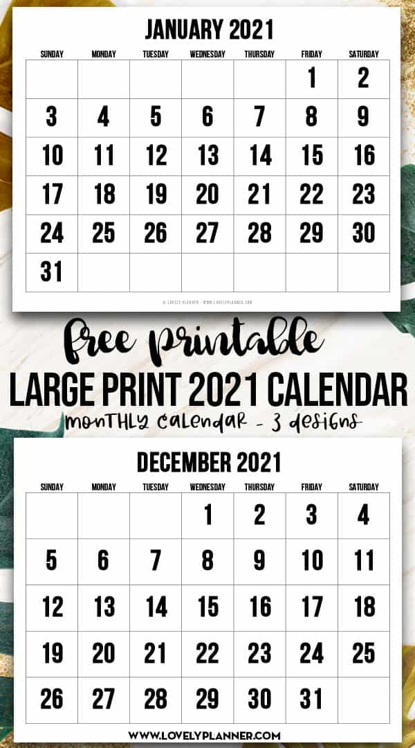 Free Printable Large Print 2021 Calendar - 12 Month Calendar - Lovely Planner