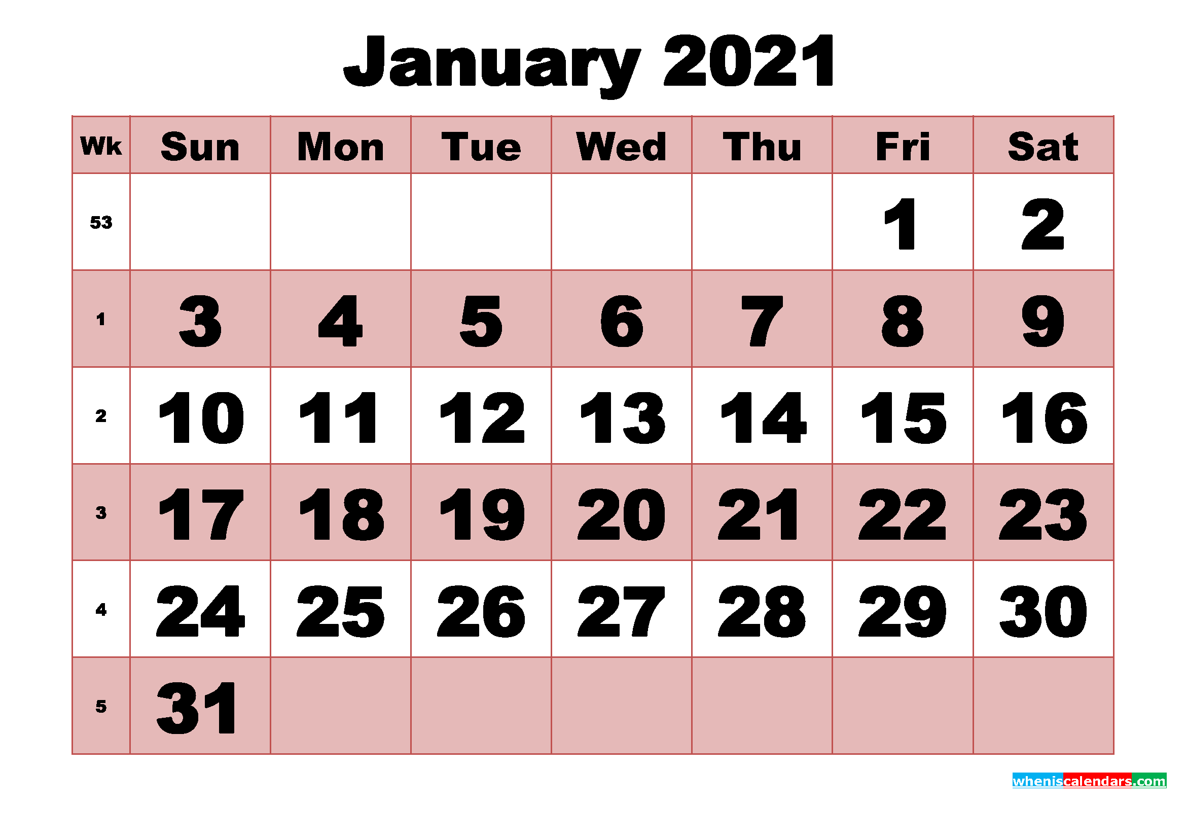 Free Printable Monthly Calendar January 2021 | Free
