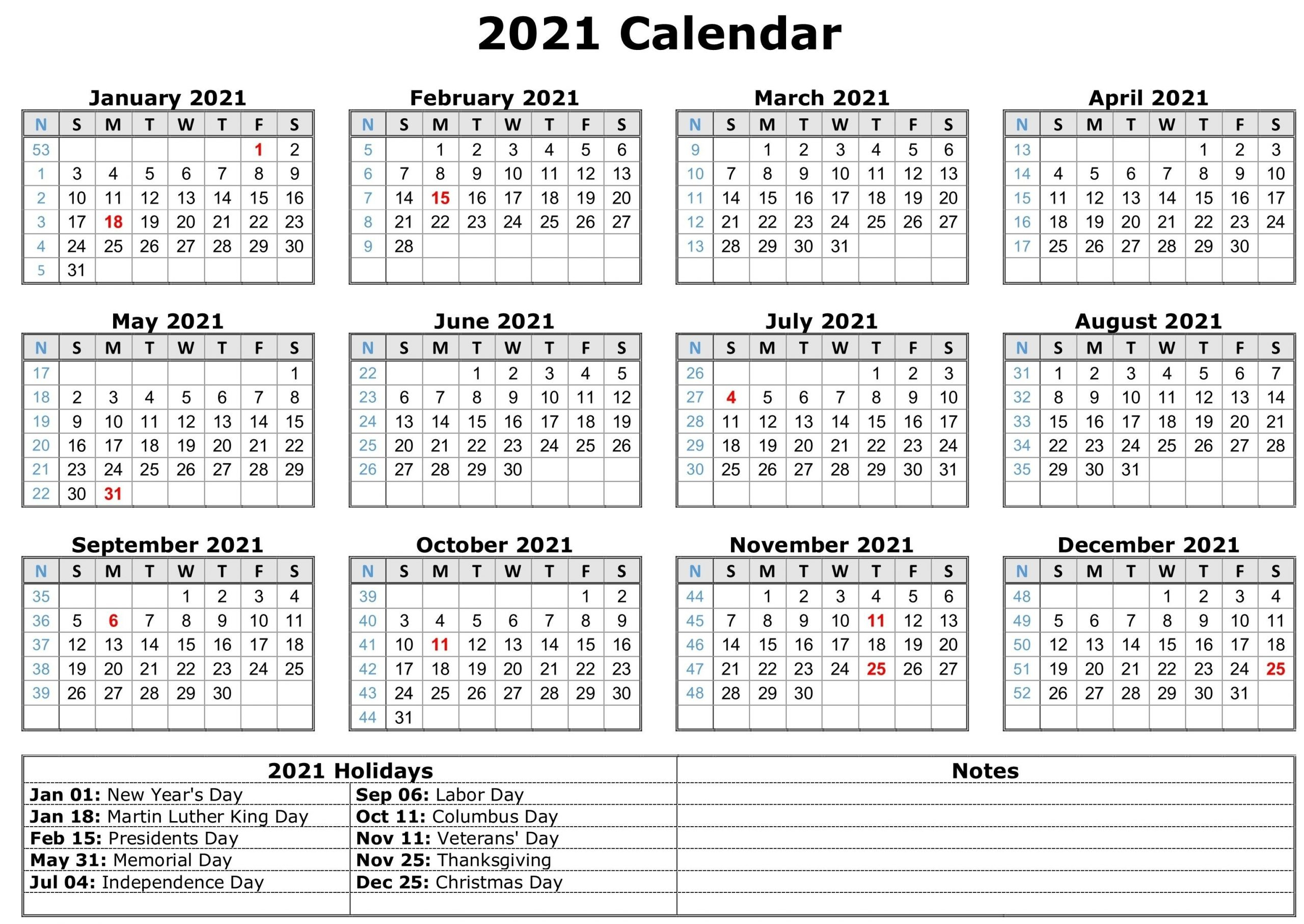 Free Printable Monthly Calendar With Holidays 2021
