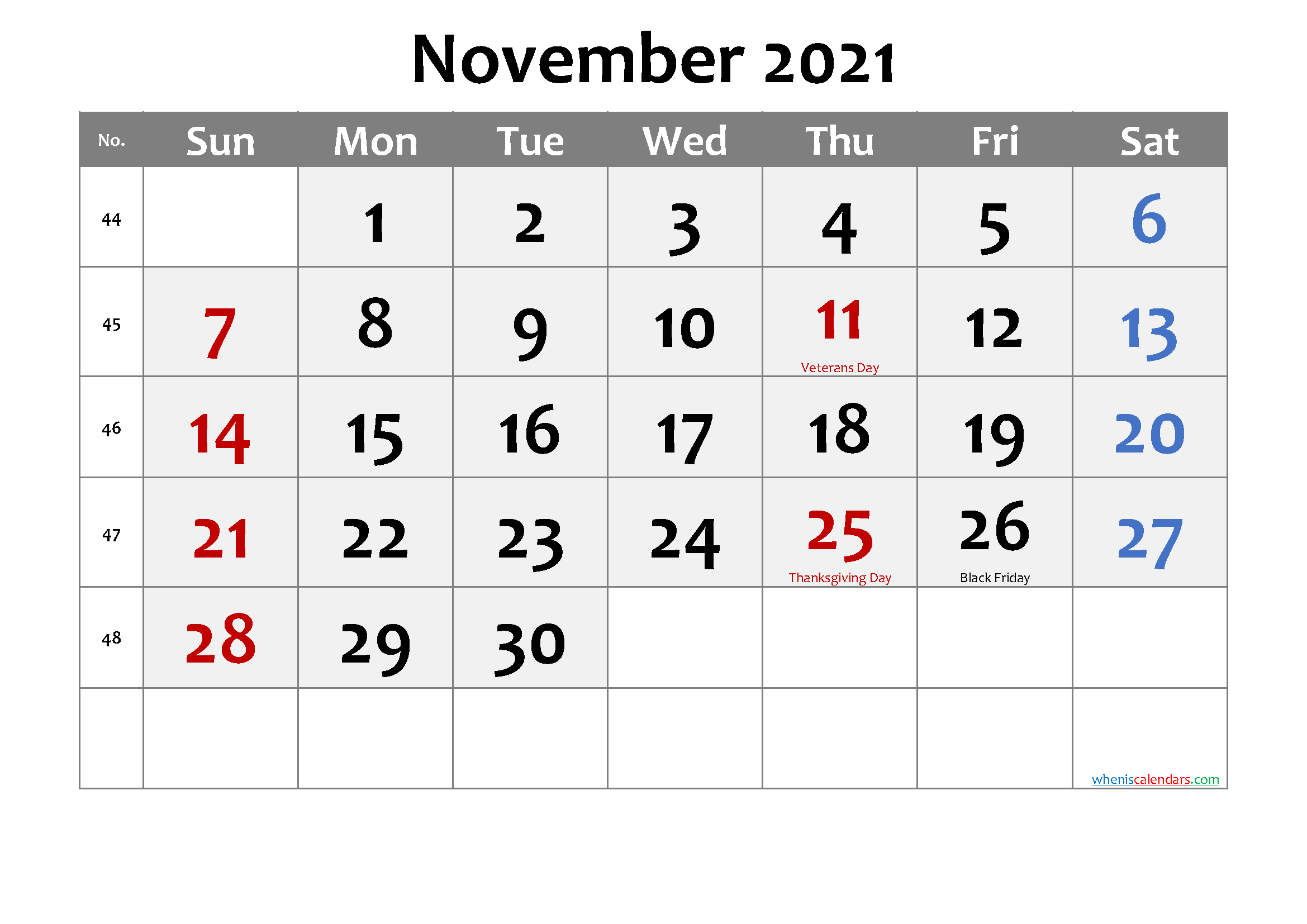 Free Printable November 2021 Calendar With Holidays