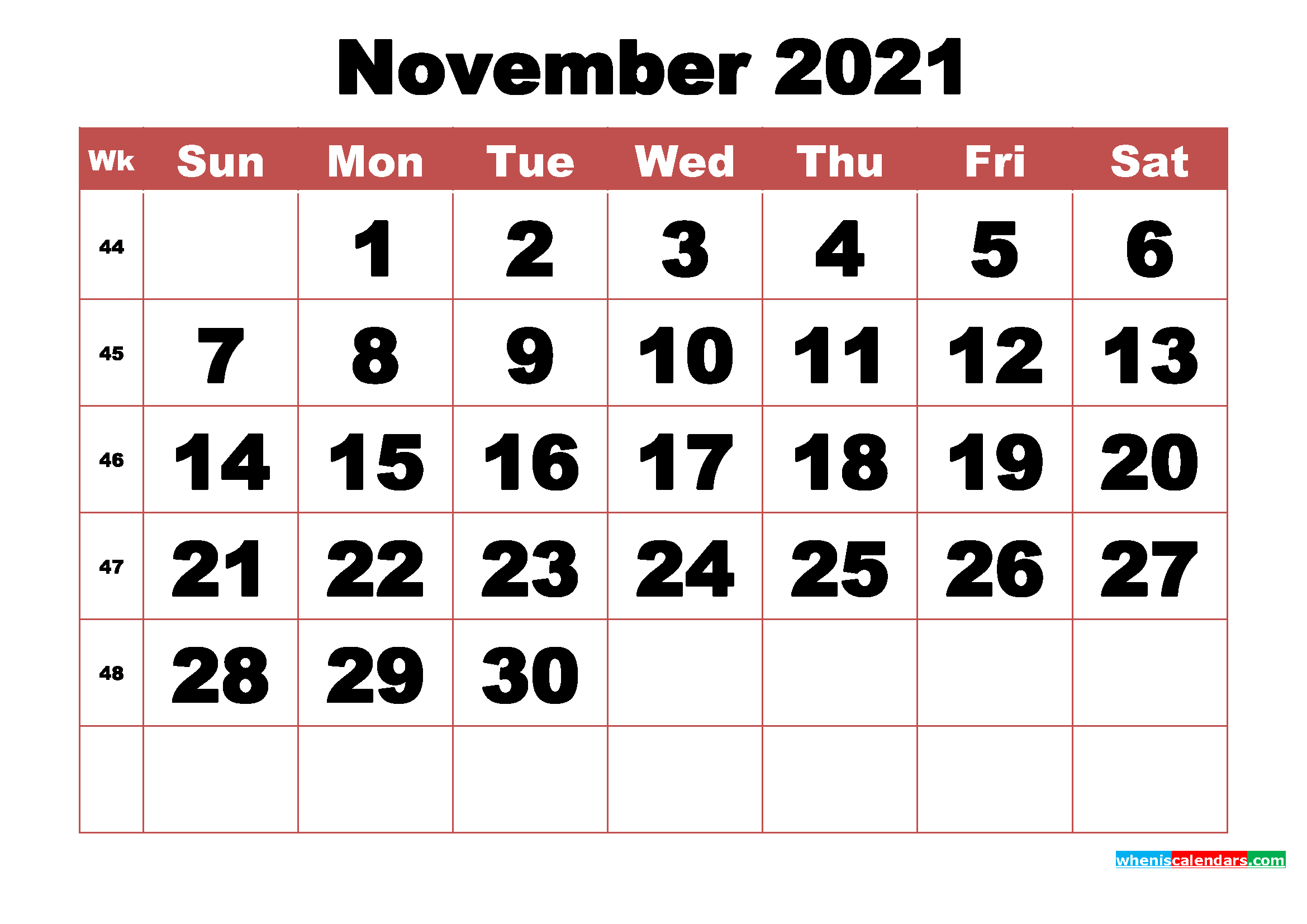 Free Printable November 2021 Calendar With Week Numbers
