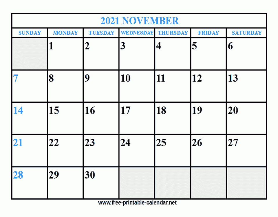 Free Printable November 2021 Calendar