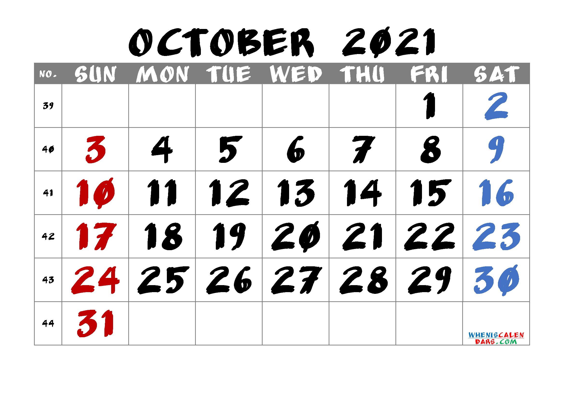 October Calendar 2021 Printable Free 