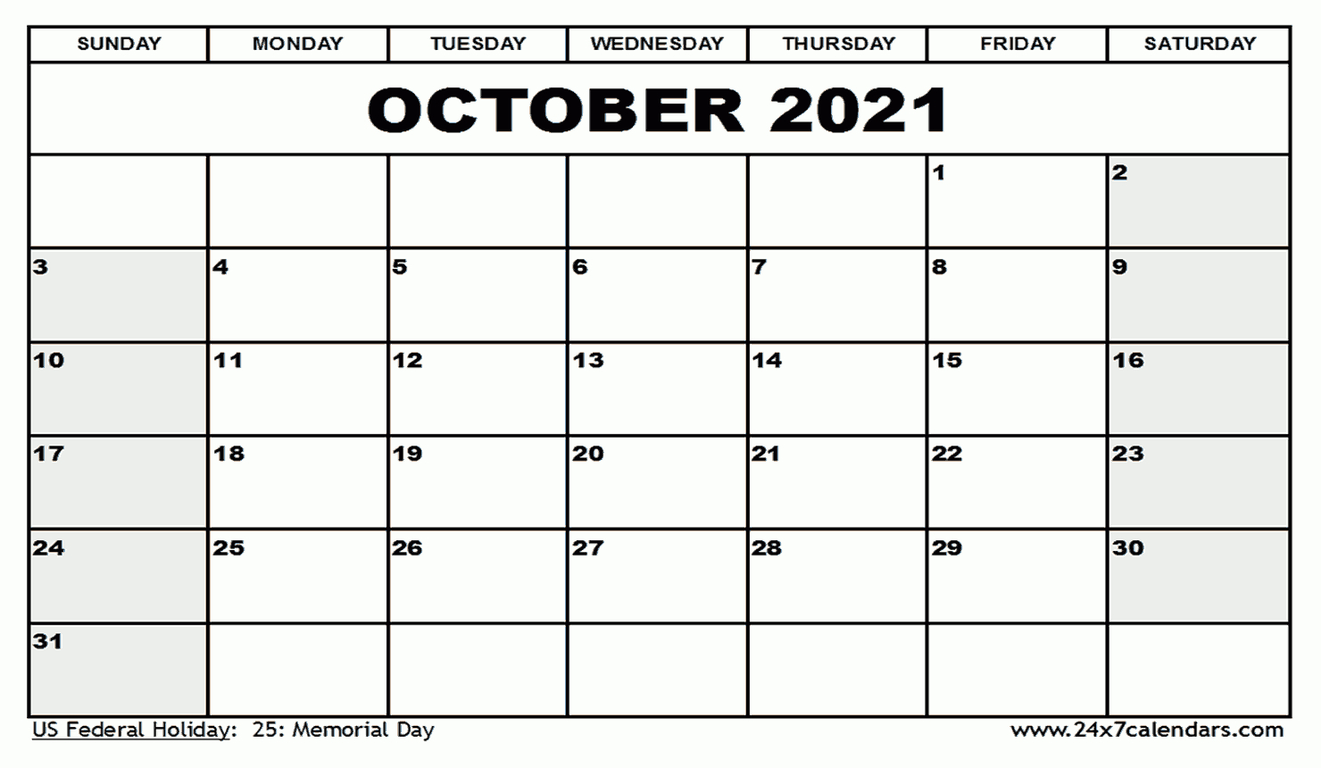 Free Printable October 2021 Calendar : 24X7Calendars