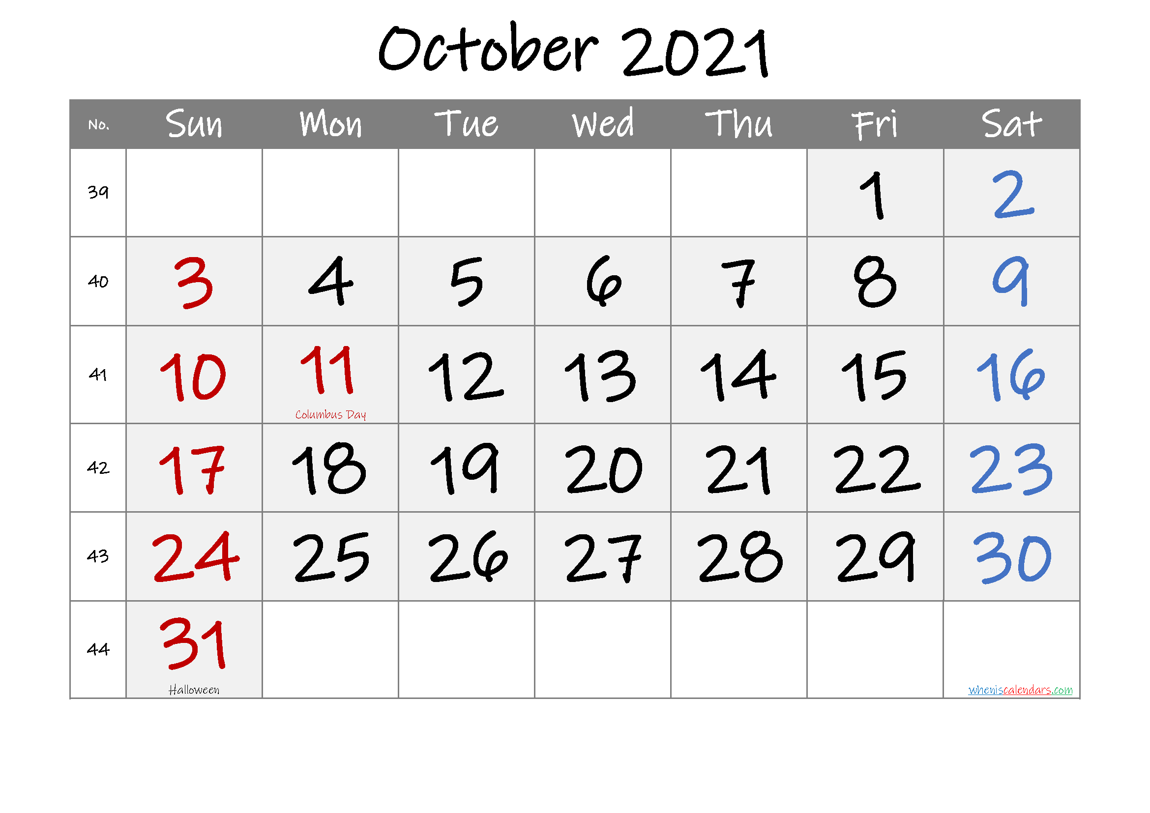 Free Printable October 2021 Calendar With Holidays