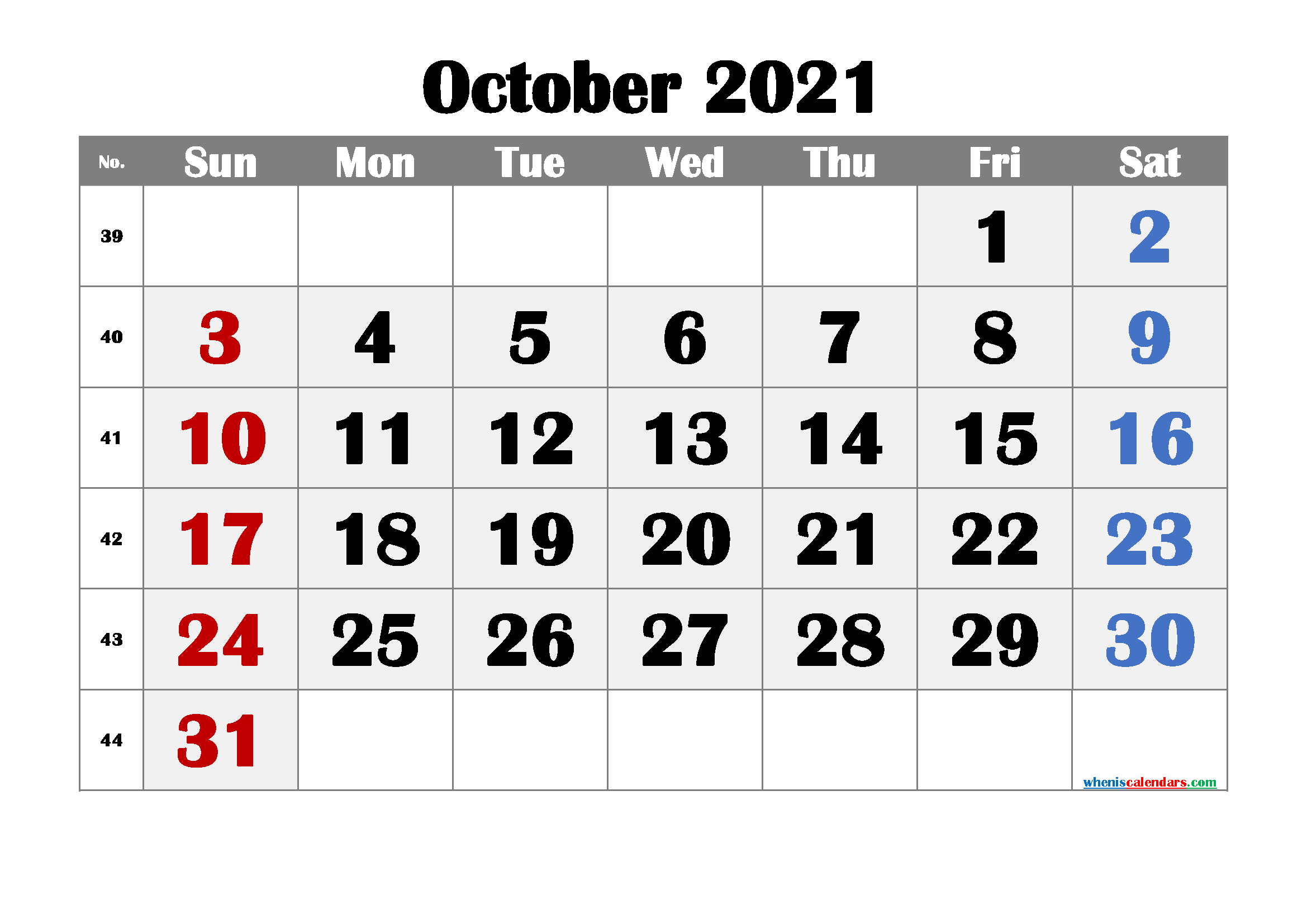 Free Printable October 2021 Calendar