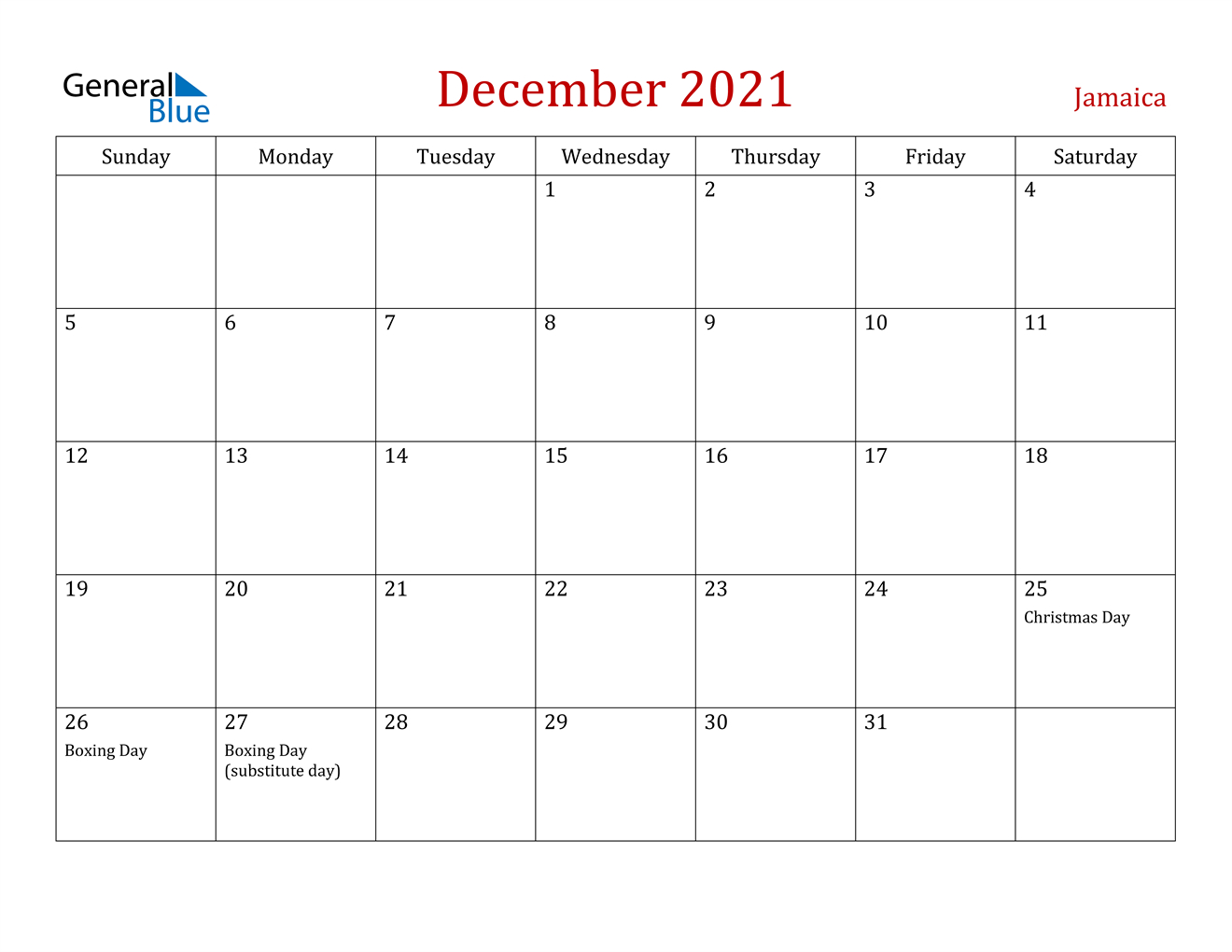 Jamaica December 2021 Calendar With Holidays