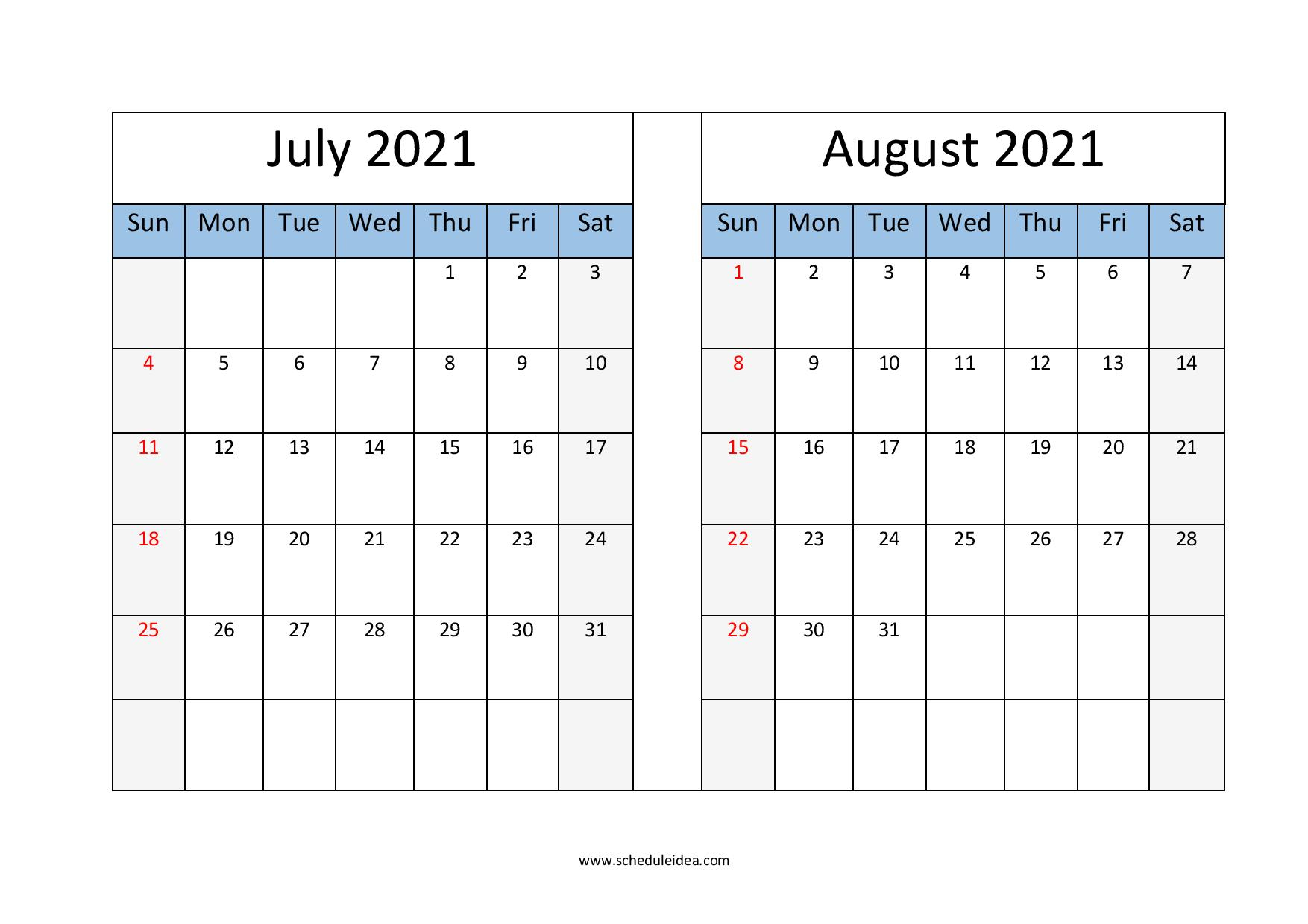 July And August 2021 Printable Calendar (2 Months) Template