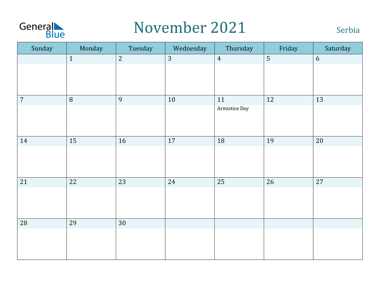 November 2021 Calendar - Serbia