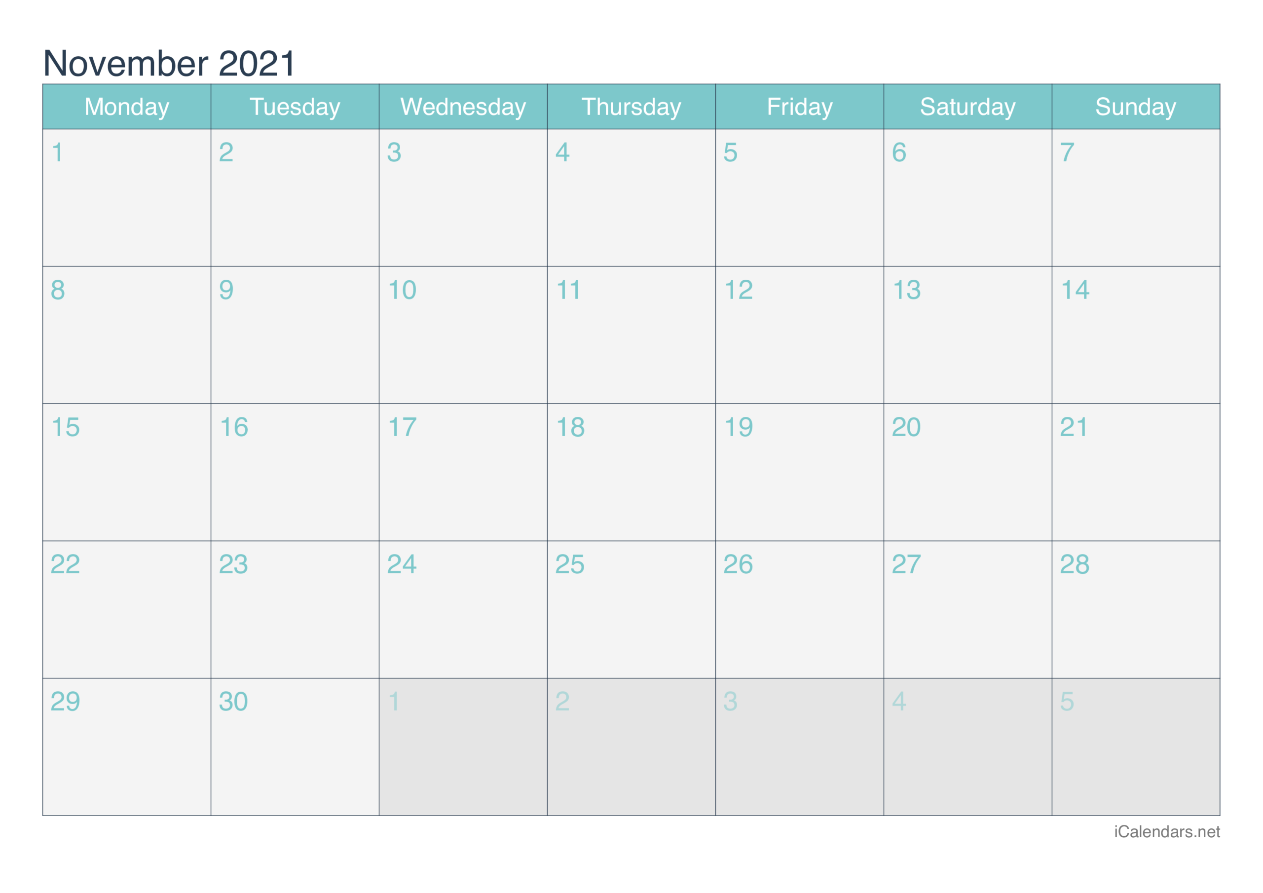 November 2021 Printable Calendar - Icalendars