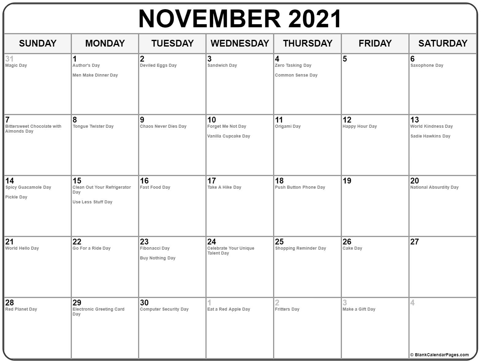 November 2021 With Holidays Calendar